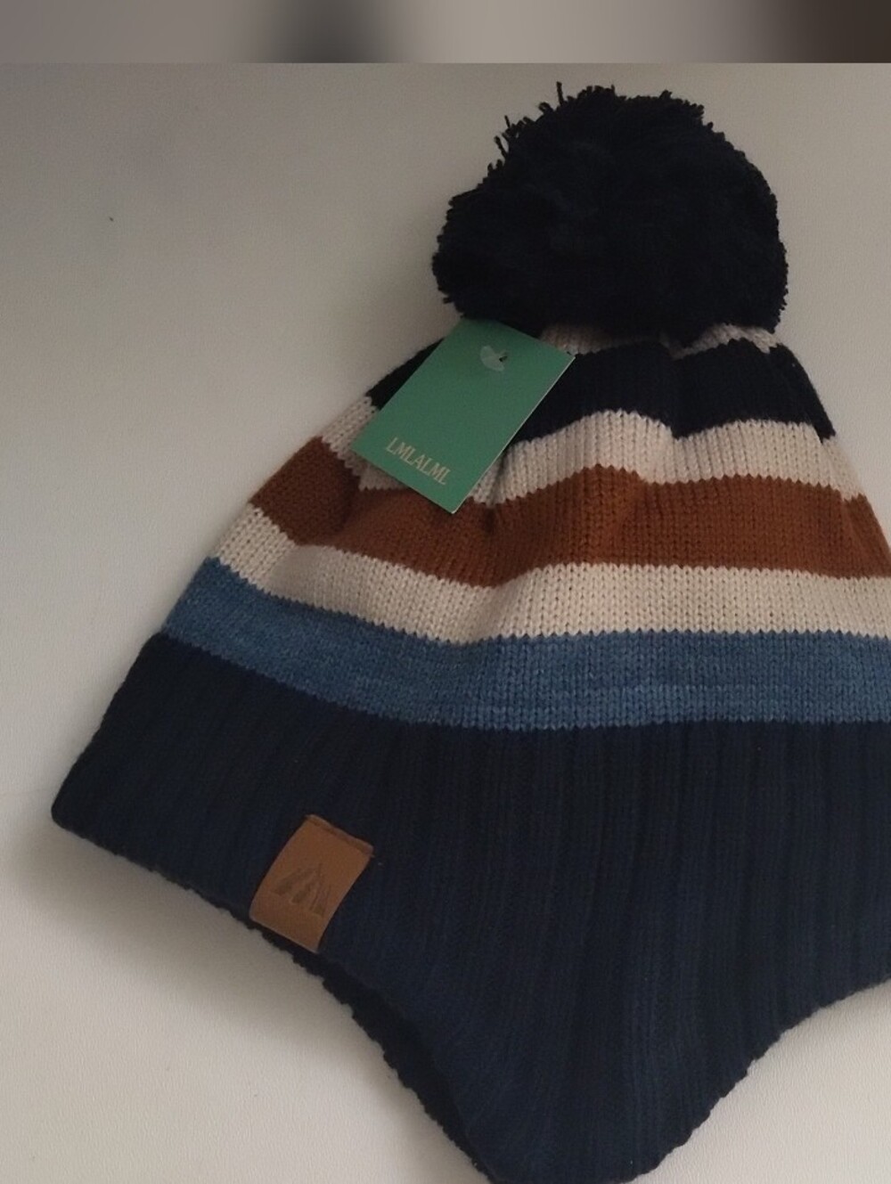 LMLALML Kids Pom-Pom Striped Earflap Beanie - Navy, Blue, Brown, Cream New 51cm - Picture 3 of 3